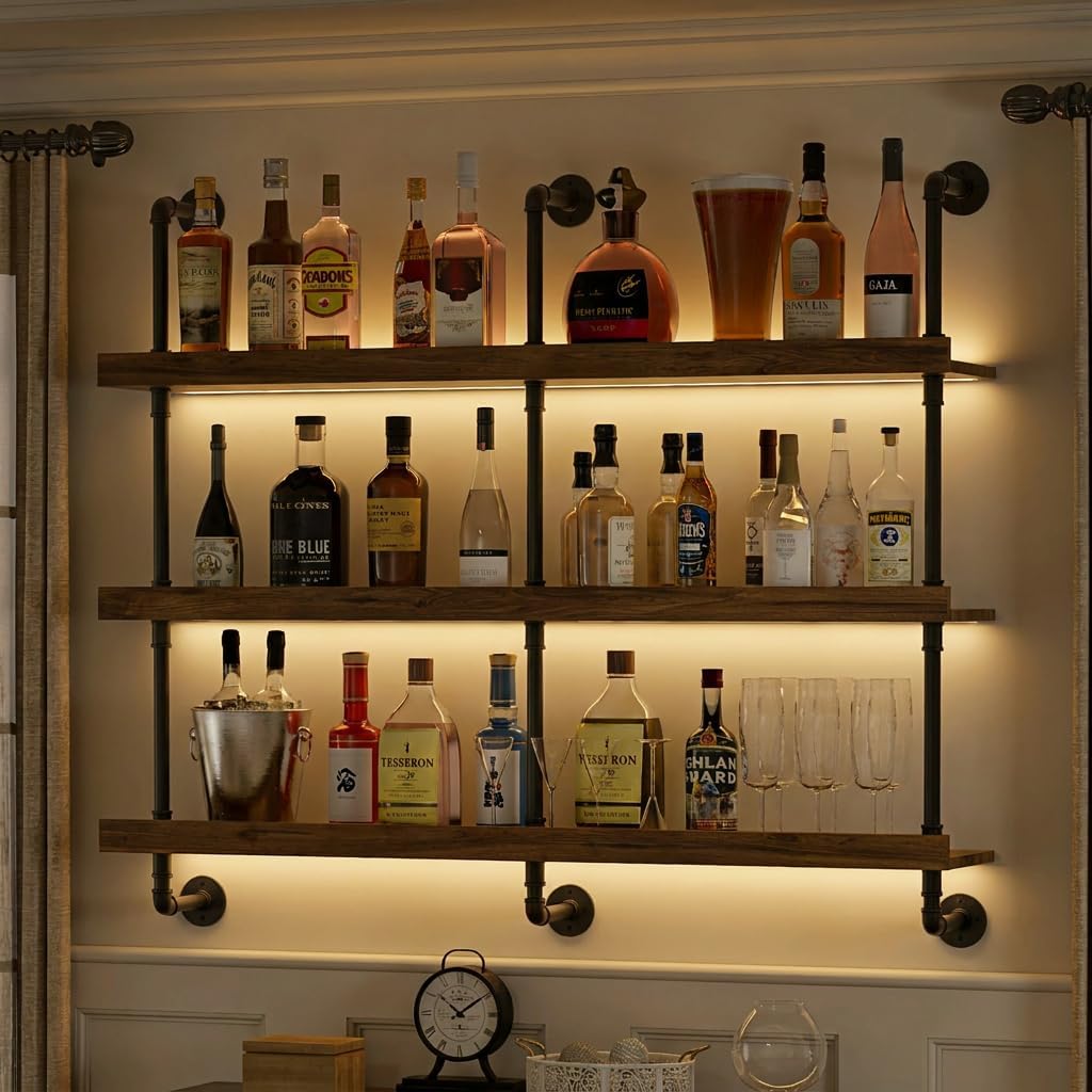 Floating Shelves - Wandmontiertes Weinregal mit LED-Beleuchtung, dreistufiges schwebendes